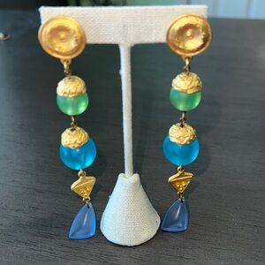 Gold Tone Blue Green Glowing Earrings Long Pierced 80s